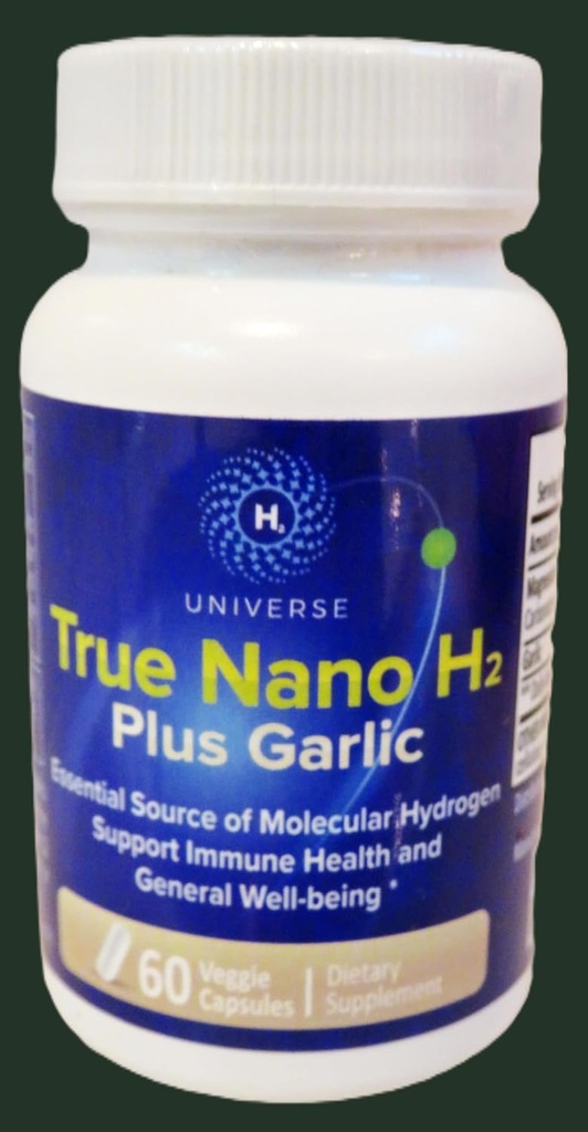 Verdadero Nano H2 con ajo por H2 Universe ← Hidrogen molecular con Nanobubbles Hidrógeno Activo, Boost Energy, Potencial Antioxidante duradera 60 cápsulas