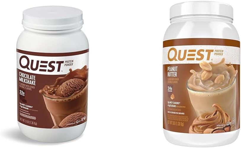 Quest Nutrition Chocolate Milkshake Protein Powder, 22g Protein, 1g Sugar, Low Carb, Gluten Free, 3 libras, 43 Sirve " Peanut Butter Protein Powder, 23g Protein, 1g Sugar, Low Carb, Gluten Free
