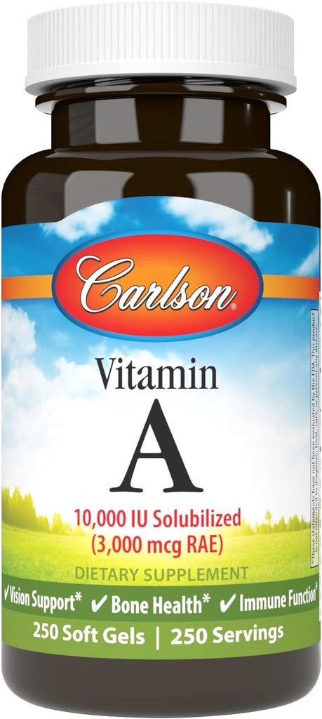 Carlson - Vitamina A Solubilizada, 10000 UI (3000 mcg RAE), Agua Soluble, Visión Salud, 250 Softgels