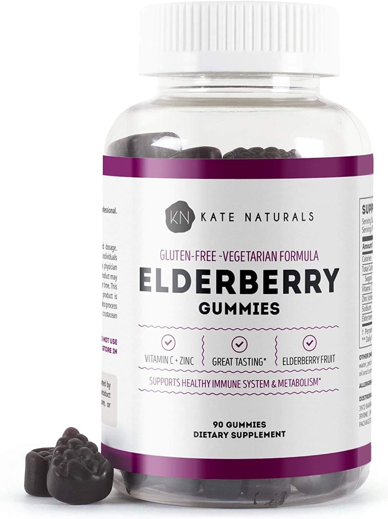 Kate Naturals Gummies con vitamina C y zinc para adultos &amp; niños. Tasty Sambucus Elderberry Gummies for Immune Support (90 Gummies, 45 Day Supply)