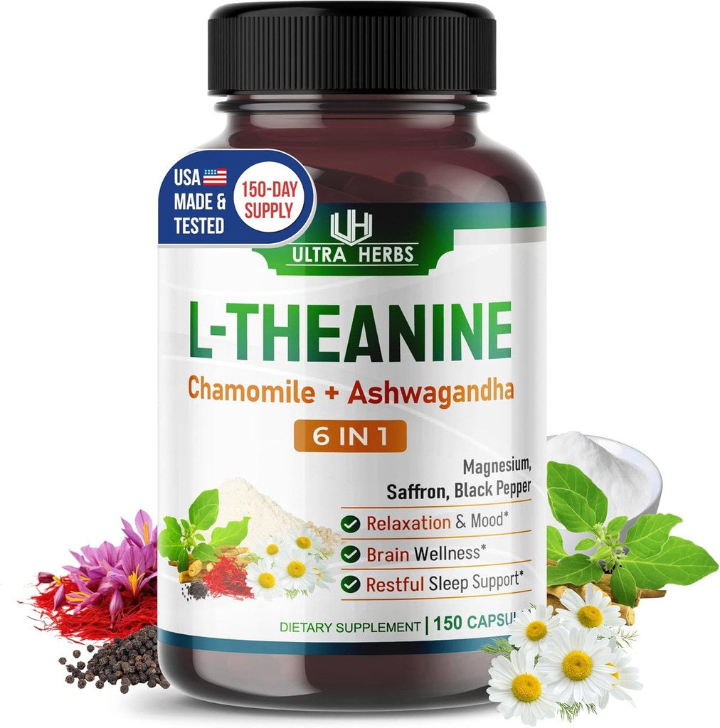 L-Theanine Suplemento - 6 IN 1 Complejo Enriquecido con Magnesio, Ashwagandha, Saffron, Chamomile - Apoyo Relajación, Calmness &amp; Sleep Quality ← 150 Capsules