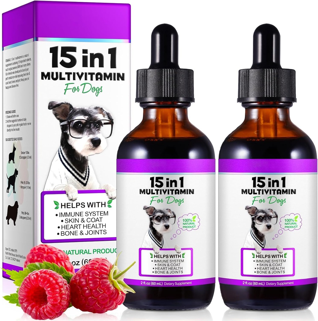 Multivitamina de perro,15 en 1 Perro Multivitamínico Líquido gotas Suplementos, Vitaminas de perros para la salud del corazón, huesos, articulación, piel " Cuna, vejiga, sistema inmune Apoyo 60ml-2pcs