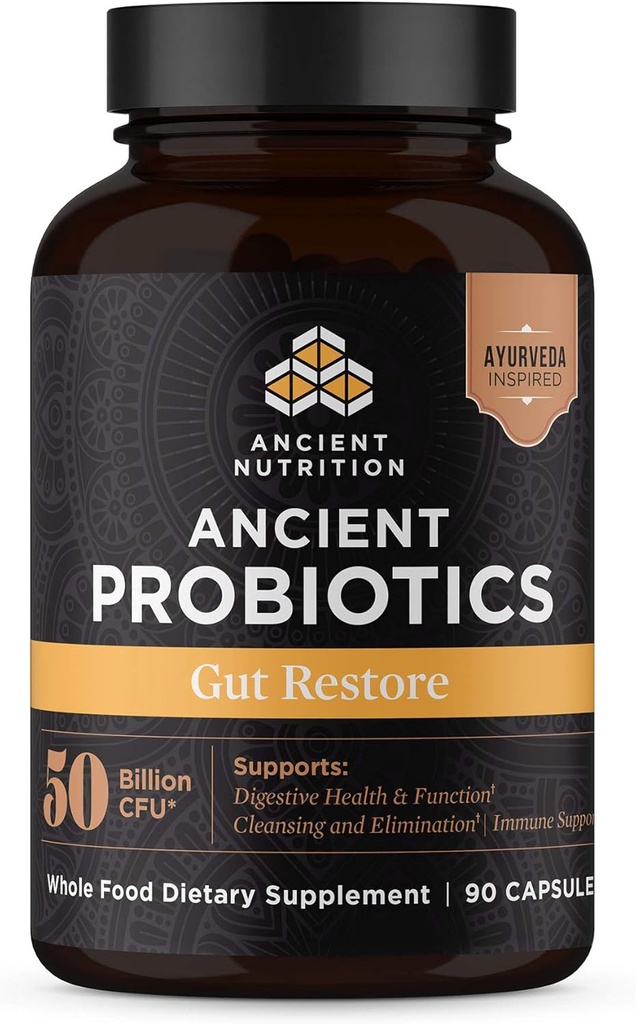 Ancient Nutrition Probiotics, Gut Restore 90ct with Ginger and Fenugreek, Supports Digestive Functions, Reduces Diarrhea, Constipation, Gas and Bloating, Superfoods Blend, 50 Billion CFUs*/Serving