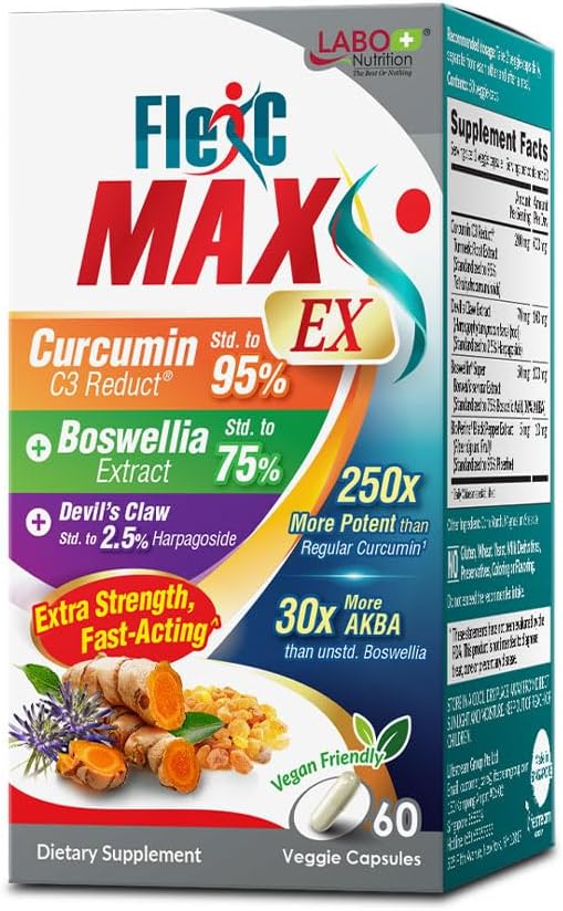 LABO Nutrition FlexC MAX EX with Turmeric Curcumin C3 Reduct 95% Tetrahidrocurcuminoides, Bioperina, Boswellia Extract " Devil’s Claw, Effective Antioxidation, Joint " Body Discomfort Relief