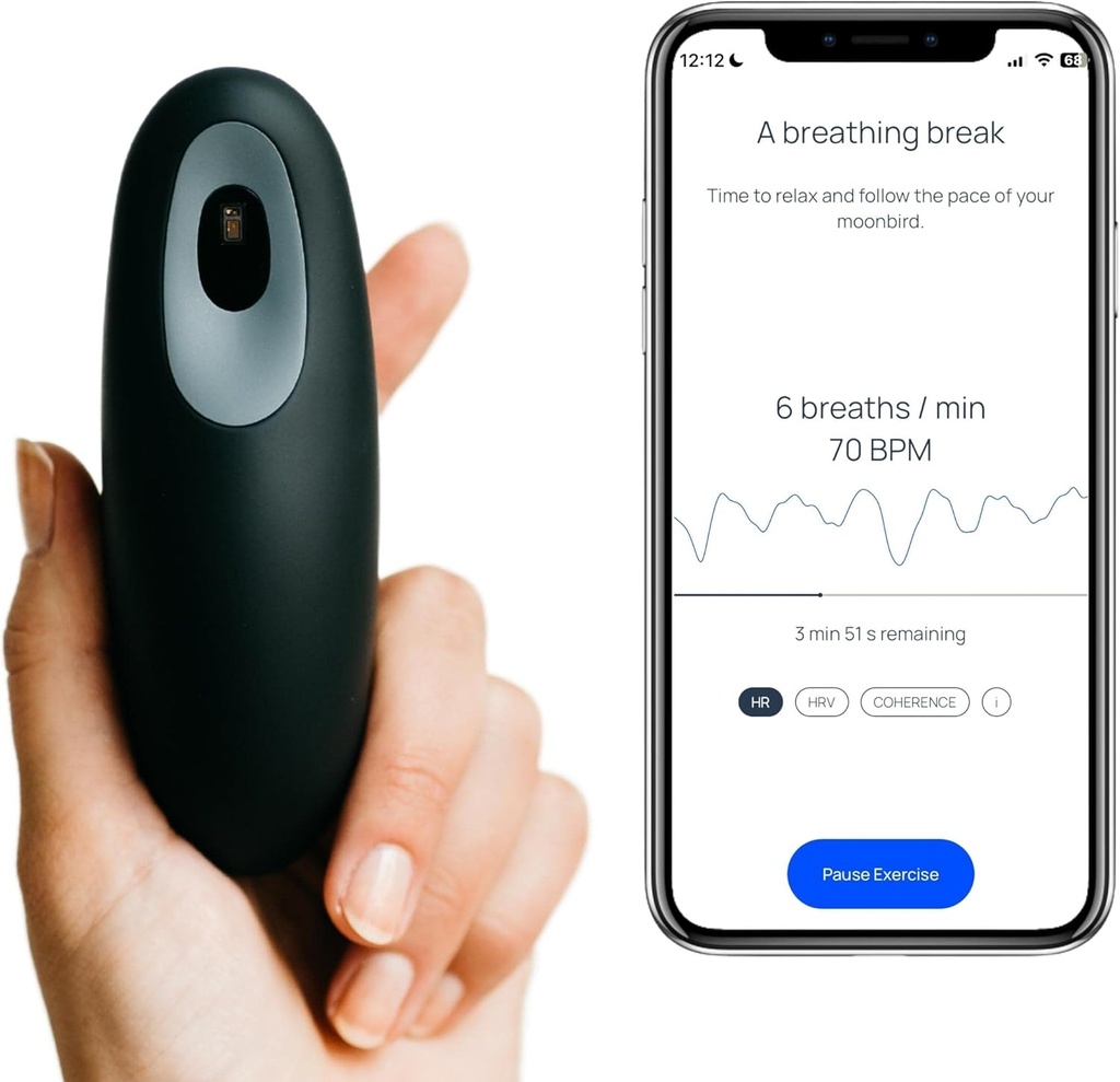 Herramienta de respiración Moonbird para la relajación y el sueño – Respiración guiada para la calma, la meditación y el estrés Soporte – Recargable – Black Grey