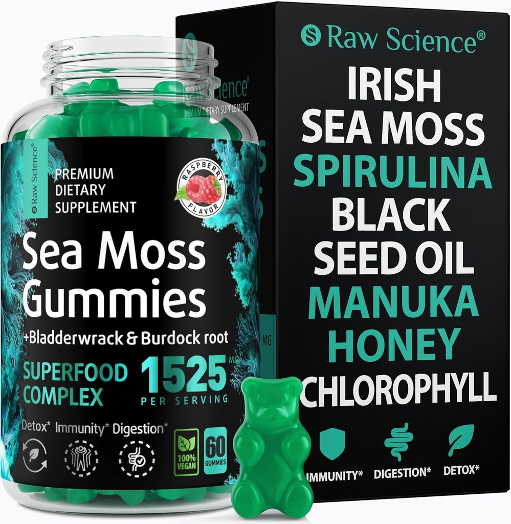 Irlandés Moss Gummies - Detox " Thyroid Support for Women " Hombre - Black Seed Oil, Manuka Honey, Fenugreek, Chlorophyll: Immune Support, Immunity Supplement - Burdock Root, Bladderwrack - 60 Gummies