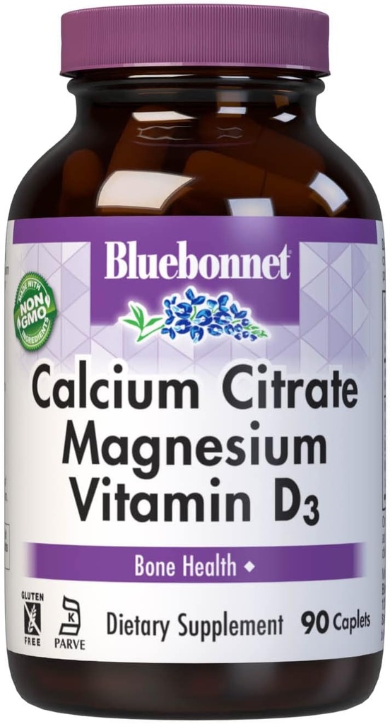 Bluebonnet Nutrition Calcium Citrate Magnesium Plus Vitamin D3 Caplets, Bone Health & Muscle Relaxation, Non GMO, Gluten, Soy & Milk Free, Kosher, White, 90 Count