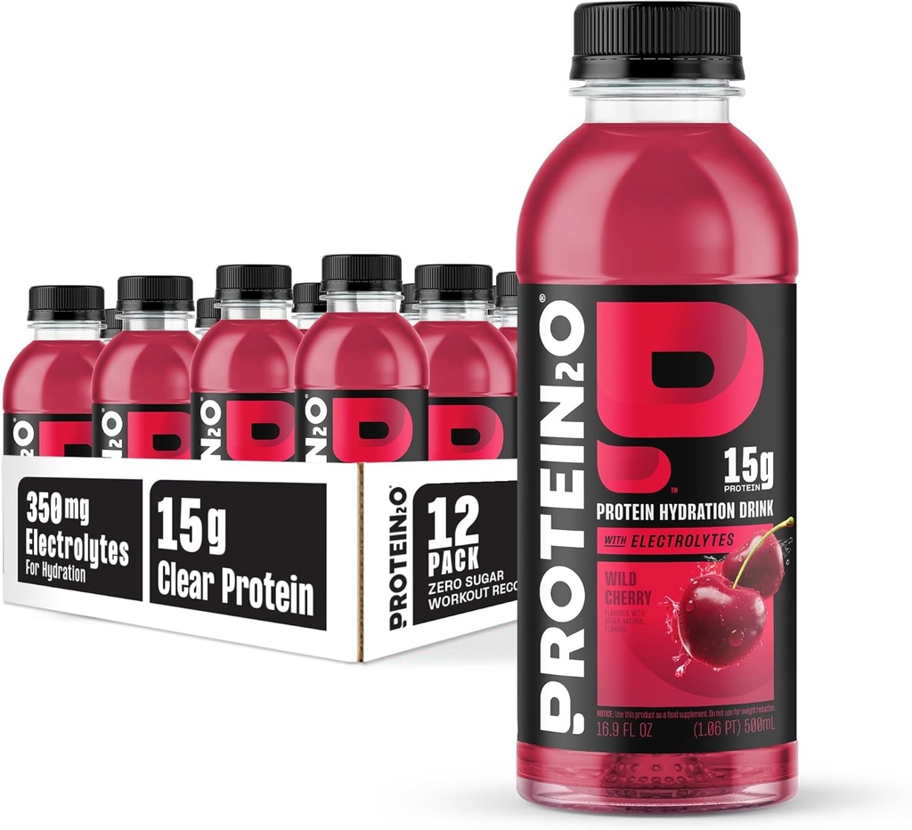 Bebida de hidratación Protein2o - 2-en-1 Liquid Clear Whey Protein Isolate and Electrolyte Drink - 15g Protein, Vitaminas B5, B6 - Recuperación de Post-Workout - 16.9 Fl Oz - 12 Conde Wild Cherry