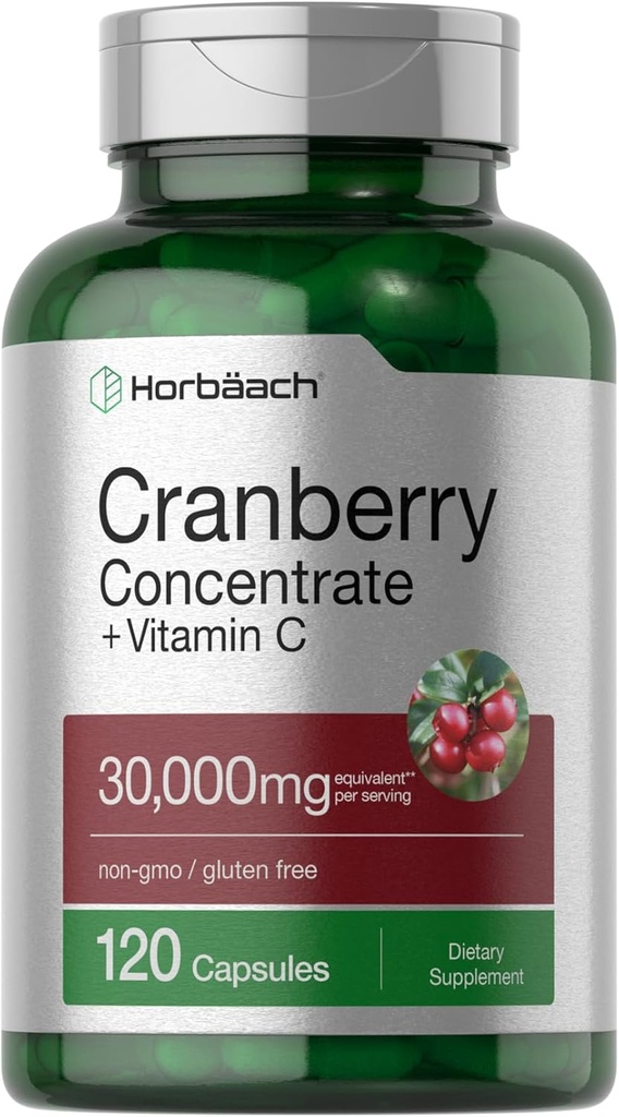 Horbäach Cranberry Concentrate Extract Pills + Vitamin C TENIDO 30,000mg Silencio 120 Capsules ANTE Triple Strength Ultimate Potency Formula ← Non-GMO y Gluten Free Supplement