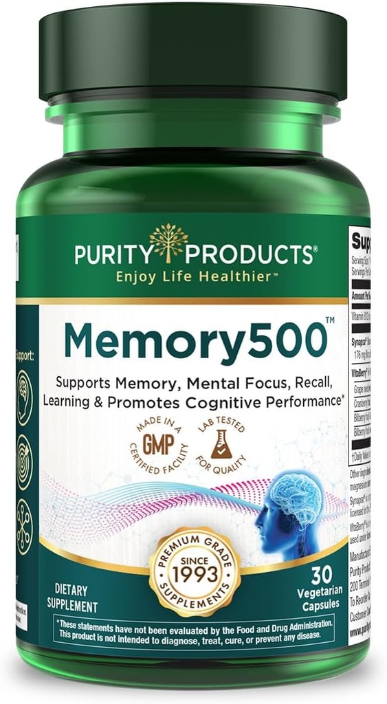Purity Products Memory500 Bacopa monniera/Brahmi Elite Nootropic Complex - Supports Peak Cognitive Performance*, Growth Learning Speed* and Healthy Memory & Recall* - 30 Vegetarian Caps