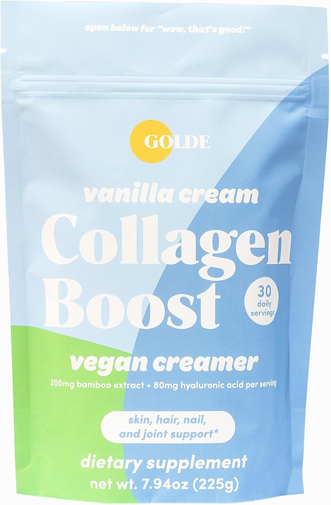 GOLDE - Colagen Boost Vegan Creamer - Crema de vainilla - Suplemento de colágeno basado en plantas w / ácido hialurónico, biotina, &amp; extracto de bambú - soporta el cabello, la piel, " salud de uñas - 30 servicios