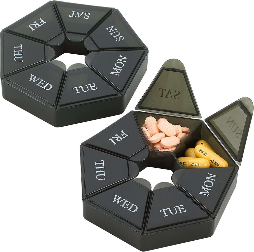 Organizador semanal de píldoras - (Pack of 2) 7-Day Pill Container - Artritis Friendly Portable &amp; Compact Travel Case Daily Compartment Medicine Pills Box for Supplements, Medication, Vitamins and Fish Oils