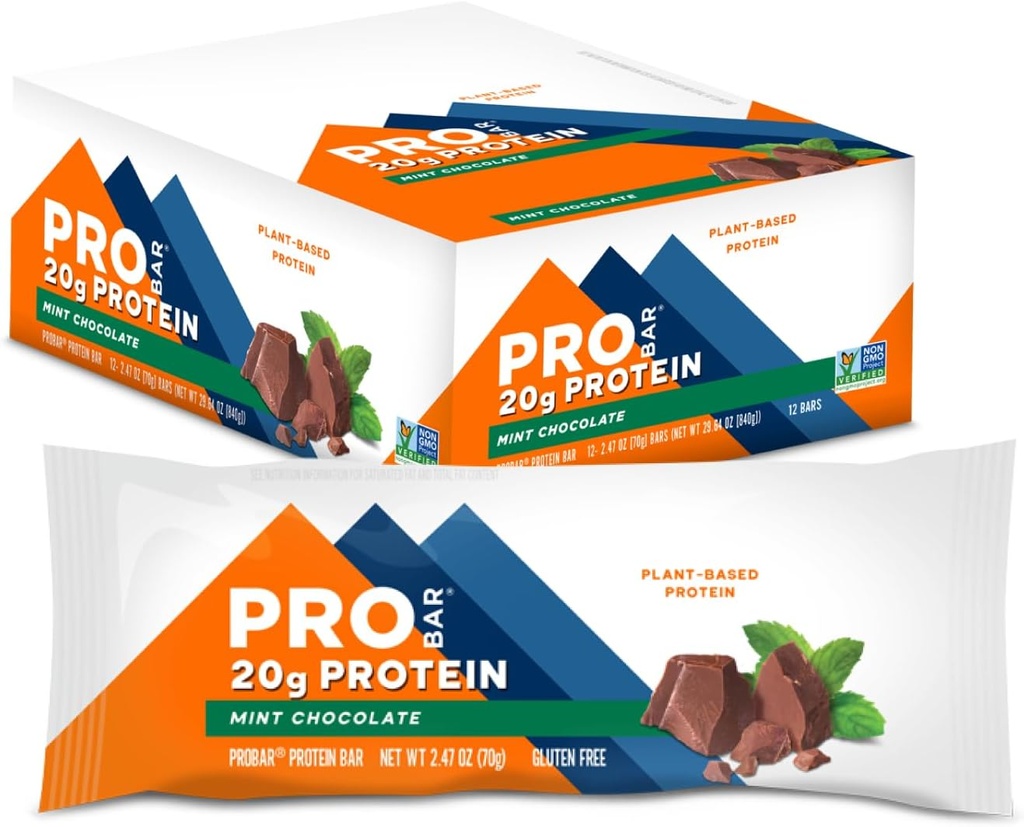 PROBAR - PROTEIN Bar, Mint Chocolate, Non-GMO, Gluten-Free, Healthy, Plant-Based, Whole-Food Ingredients, Natural Energy (12 Conteo)