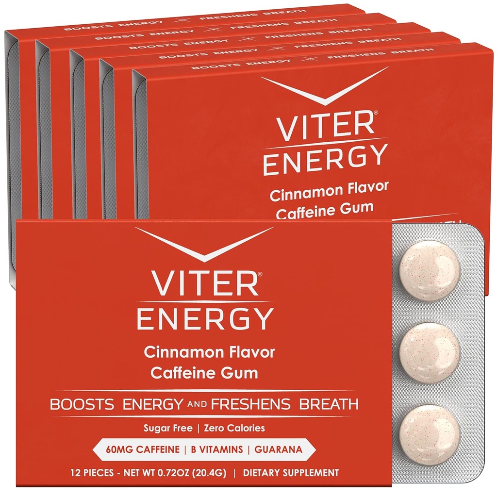 Viter Energy Caffeinated Gum 60mg Caffeine, B Vitaminas, Guarana, Sugar Gratis. (Cinnamon, 12pcs, 6 Pack)