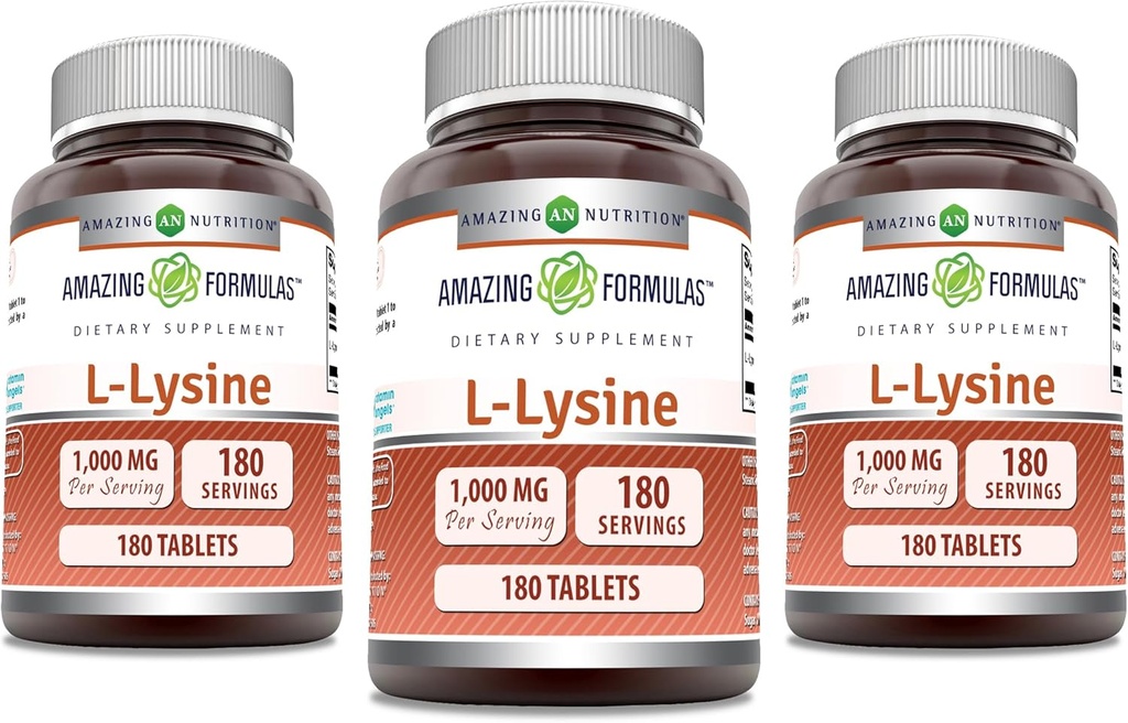 Fórmulas increíbles L-Lysine 1000mg Amino Acid Tablets Suplemento ← No Gluten Free ← Made in USA (180 Silencio 3 Pack)