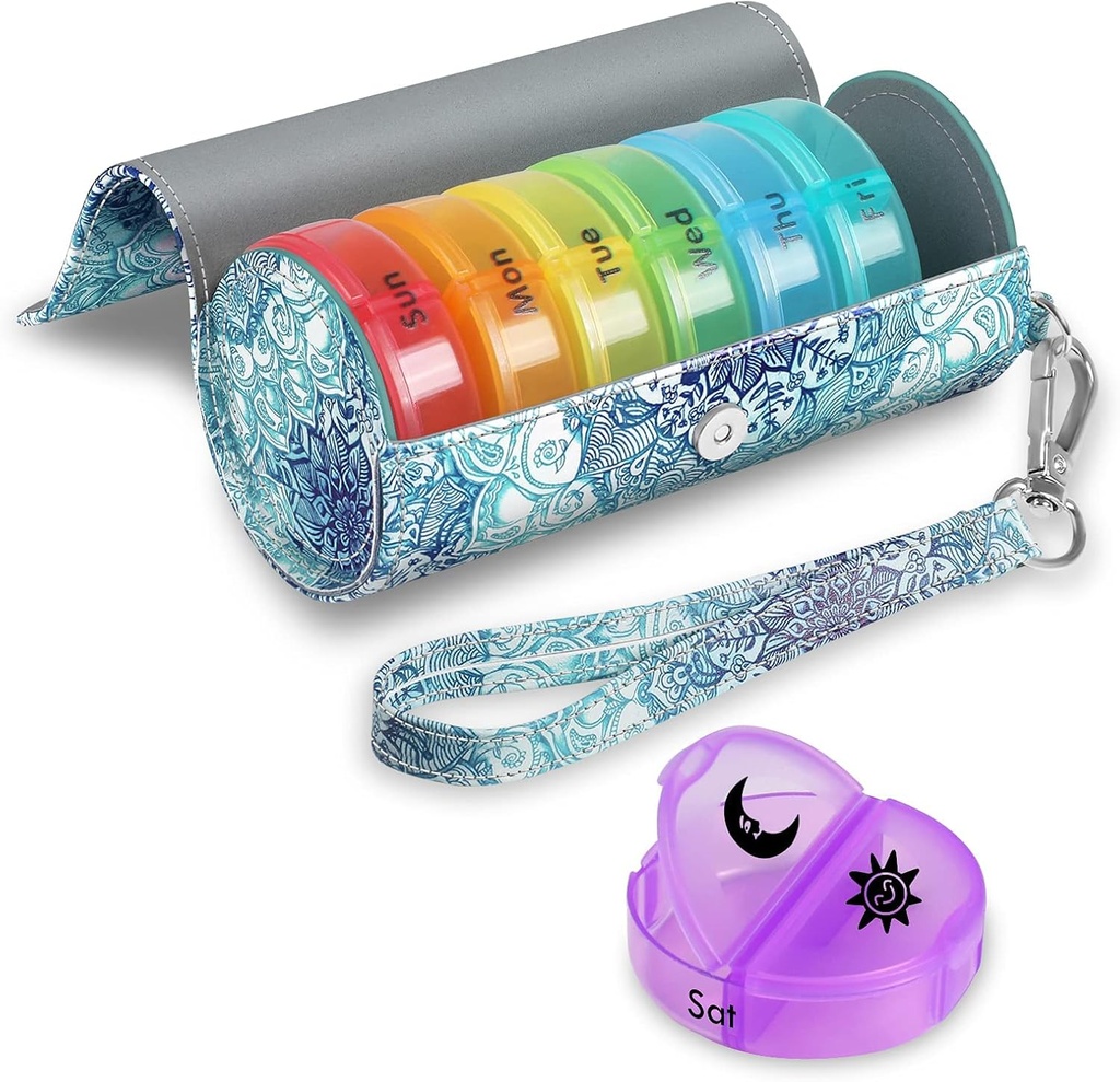 FINPAC Pill Organizer 2 Times A Day, Large Weekly AM PM Pill Box with Carrying PU Leather Case for 7 Days Medication Care, Round Medicine Vitamin Dispenser Container and Holders (Emerald Illusions)