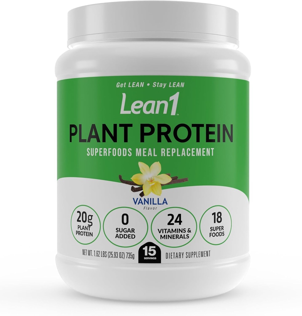 Lean1 Polvo de proteína de base vegetal, sustitución de la comida, sabor de vainilla, proteína limpia, 15 servicios