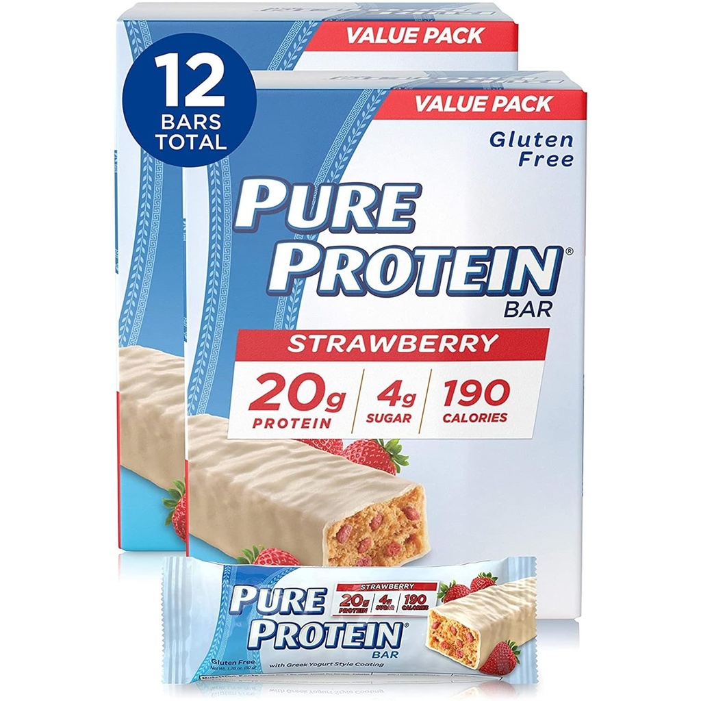 Pure Protein Bars, High Protein, Nutritious Snacks to Support Energy, Low Sugar, Gluten Free, Strawberry Greek Yogurt, 6 Bars Each 1.76 Oz, Pack of 2