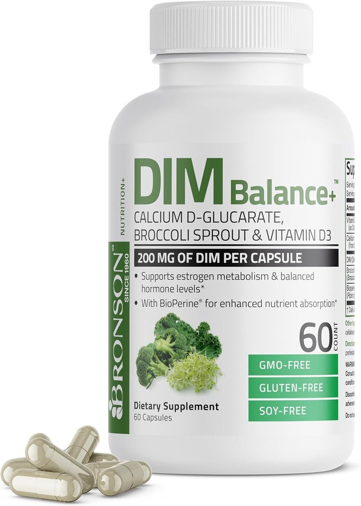Bronson DIM Balance+ Calcium D-Glucarate, Broccoli Sprouts and Vitamin D3 200 MG de DIM per Capsule Supports Estrogen Metabolism and Balanced Hormone Levels Non-GMO, 60 Vegetarian Capsules