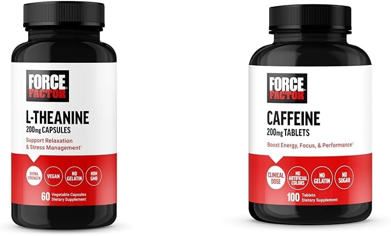 Force Factor L-Theanine 200mg and Caffeine 200mg Supplement Bundle for Stress Relief, Energy, Focus, and Performance, 60 Capsules and 100 Tablets