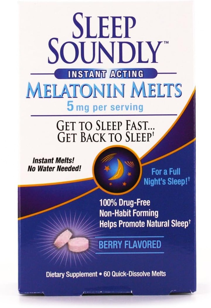 Sleep Soundly Melatonin Melts 5 mg Berry Flavor, Night time Sleeping Aid for Adults, Fast Acting Sleep Formula, 60 Conde, White
