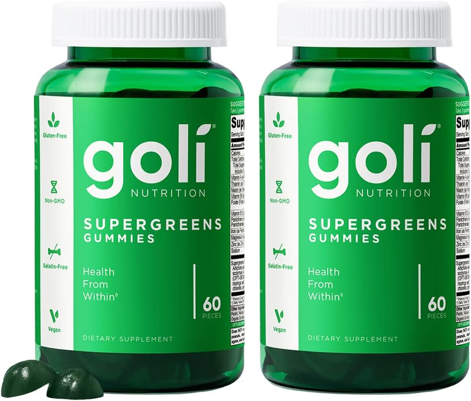 Goli SuperGreens Vitamin Gummy - 120 Conde - Vitaminas y Minerales Esenciales - Planta-Basada, Vegan, Libre de gluten > Gelatina Gratis - Salud desde el interior, Pack de 2