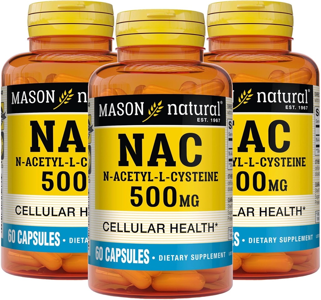 Mason Natura NAC N,Acetyl,L,Cysteine 500 mg, 6 meses de suministro, soporta la salud celular normal, sistema inmunológico Booster para el bienestar general, 3 paquete