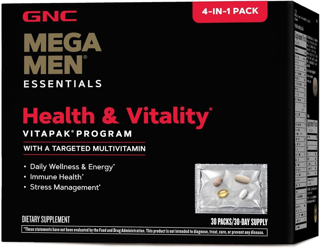 GNC Mega Men Health & Vitality Vitapak, 30 Daily Packs, 4-in-1 Full Daily Multivitamin and Nutrition Program for Men