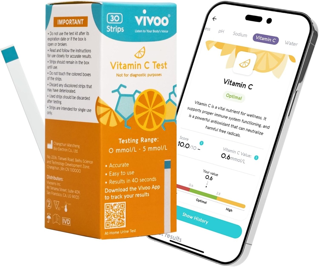 Vivoo Test Strip - Track Your Vitamin C Status at Home! Prueba de 40 segundos para niveles precisos, potenciando su nutrición - 30 tiras