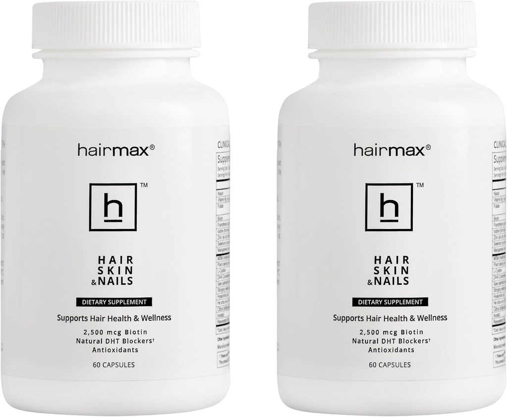 Hairmax for Hair, Skin and Nails Dietary Supplement – Hair Loss and Hair Regrowth Treatment for Women and Men. Contiene 2500mcg Biotin, DHT Blocker, MSM & Antioxidants, Pack of 2 Bottles