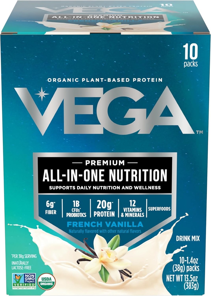 Vega Orgánica All-in-One Vegan Protein Powder, Vainilla Francesa -Superfood Ingredients, Vitaminas para Apoyo Inmunitario, Keto Friendly, Pea Protein for Women &amp; Men, 13.5 oz (Packaging May Vary)