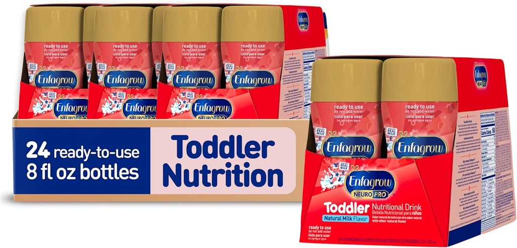 Enfagrow NeuroPro Toddler Nutritional Drink, Made with Real Milk, Brain-Building Omega-3 DHA, Nutrients for Growth & Immune Support, Non-GMO, Ready to Use, 8 fl Oz (24 Bottles)