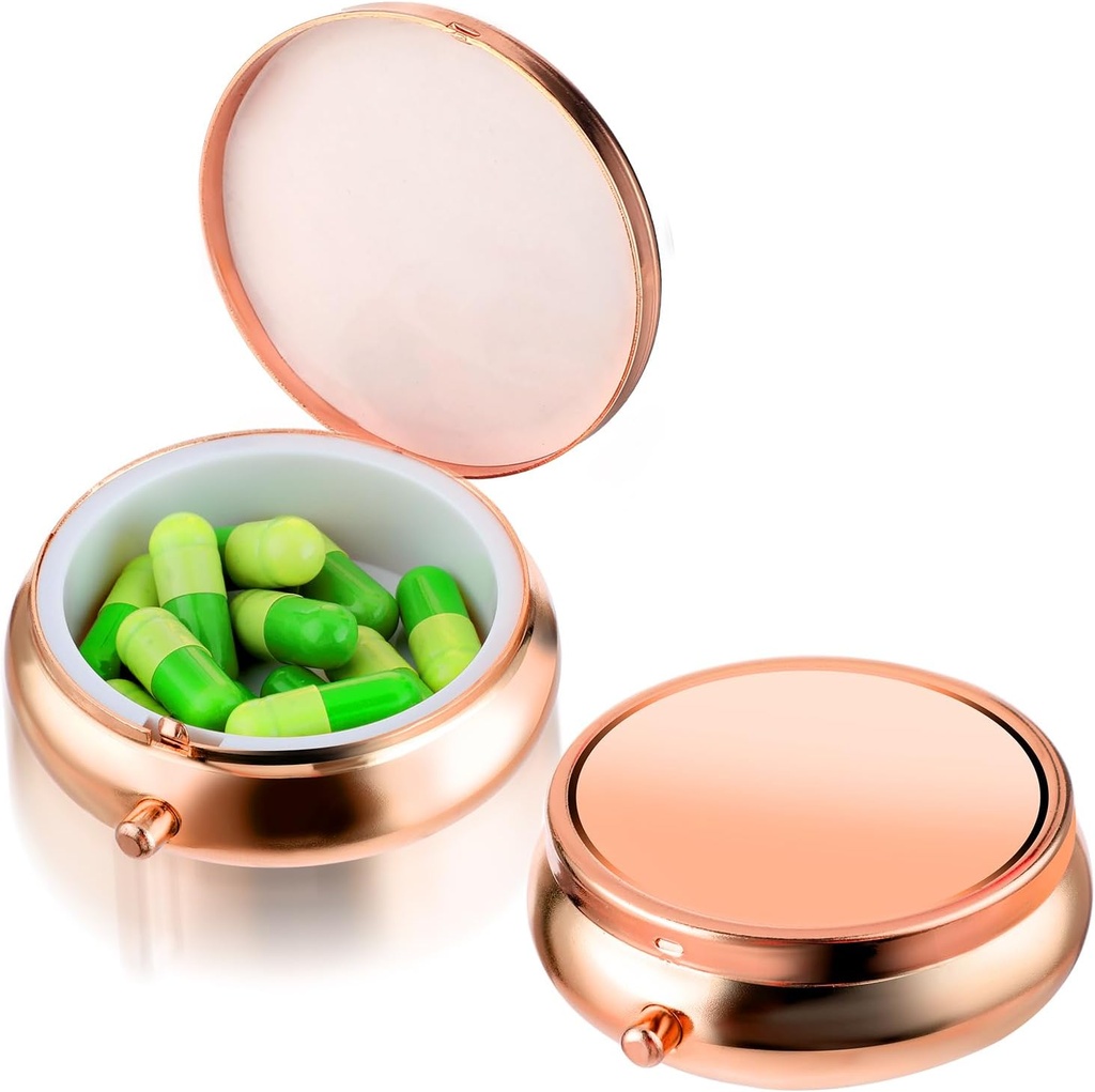 Pill Box Cute Small Pill Box for Purse &amp; Pocket Medicine Organizer Travel Pillbox Waterproof Pill Case Metal Pill Container Holder for Vitamins, Fish Oil, Supplements (Rosegold)