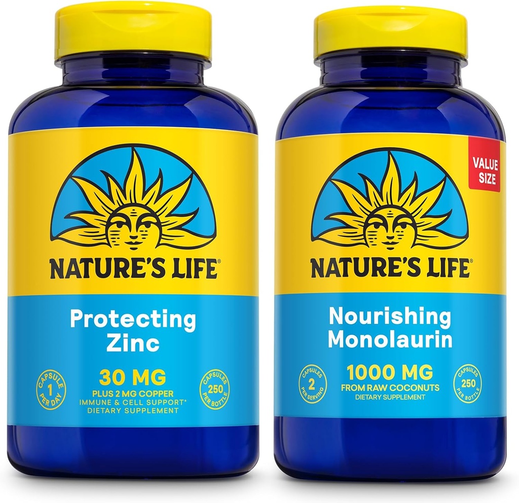 La vida de la naturaleza Nutrir Monolaurin 1000mg 250ct y proteger el cinc Picolinate 30mg 250ct - Gut Health and Immune Support Suplementos - Monolaurin from Raw Coconuts, Chelated Zinc - 60-Day Guarantee