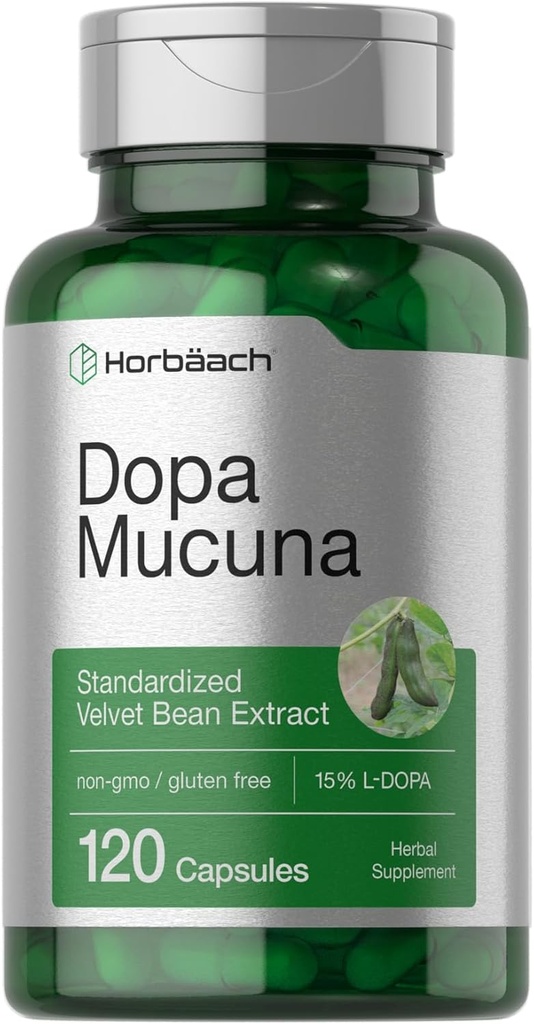 Horbäach Dopa Mucuna Suplemento Silencio 120 Capsules  Velvet Bean Herbal Extract ← 15% L-Dopa ← Non-GMO &amp; Gluten Free