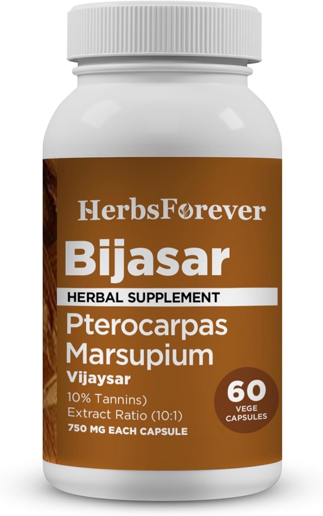 HerbsForever Bijasar(Indian Kino Tree, Malabar Kino)-Extra Strength(10:1) Extract,Equiv.to 4800mg Bark Powder Per Serving-Liver Support & Detox Blood Sugar & Purity|10% Tannins|60 Veg Capsules|800mg