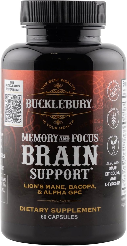 BUCKLEBURY Brain and Memory Supplements with Bacopa & Alpha GPC - Nootropic Brain Capsules for Cognitive Support, Focus & Mental Clarity - Memory and Focus Pills for Women &amp; Hombre - Vegan 60 cápsulas