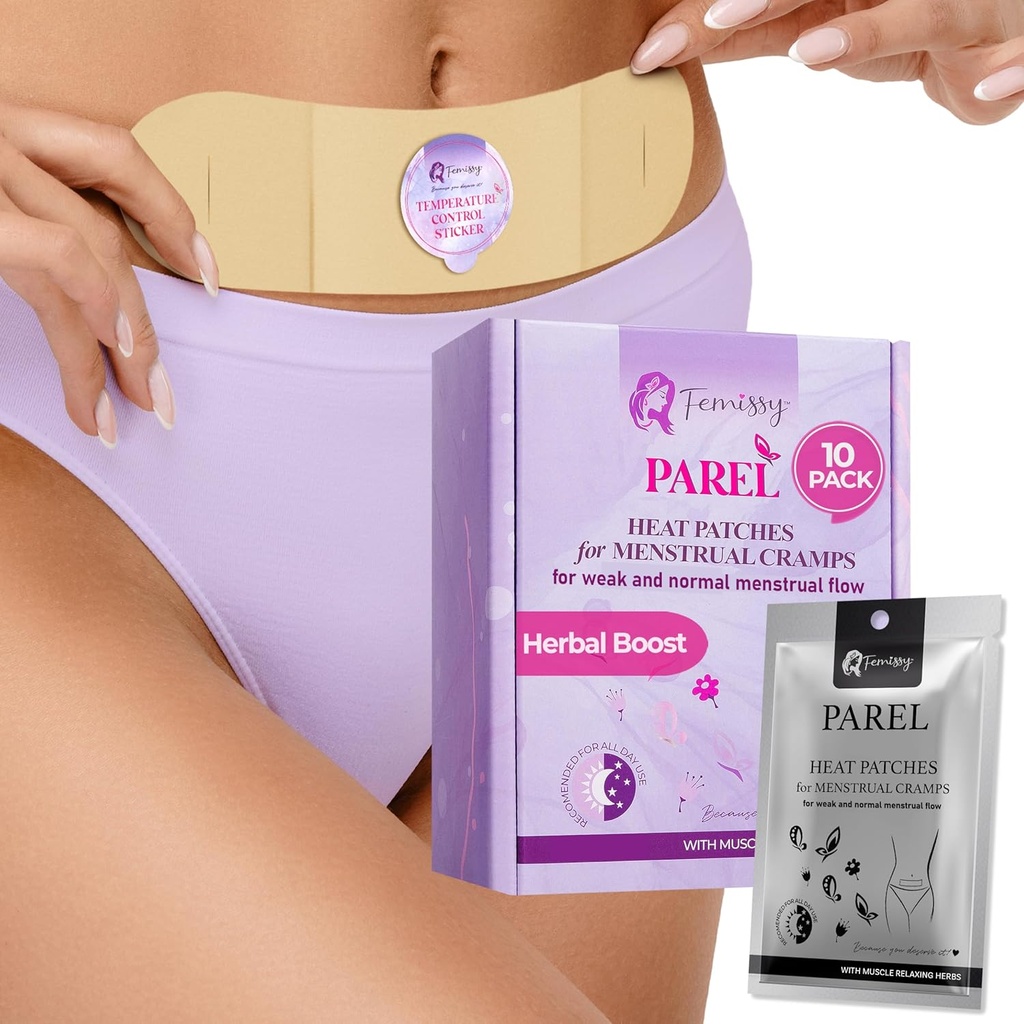Patches de calor de período herbal, adaptados para flujo bajo-normano (10 Pack) – 8hr Parche de calefacción sin drogas para calambres menstruales, tensión de espalda – Skin-Safe, fuerte sujeción, en marcha