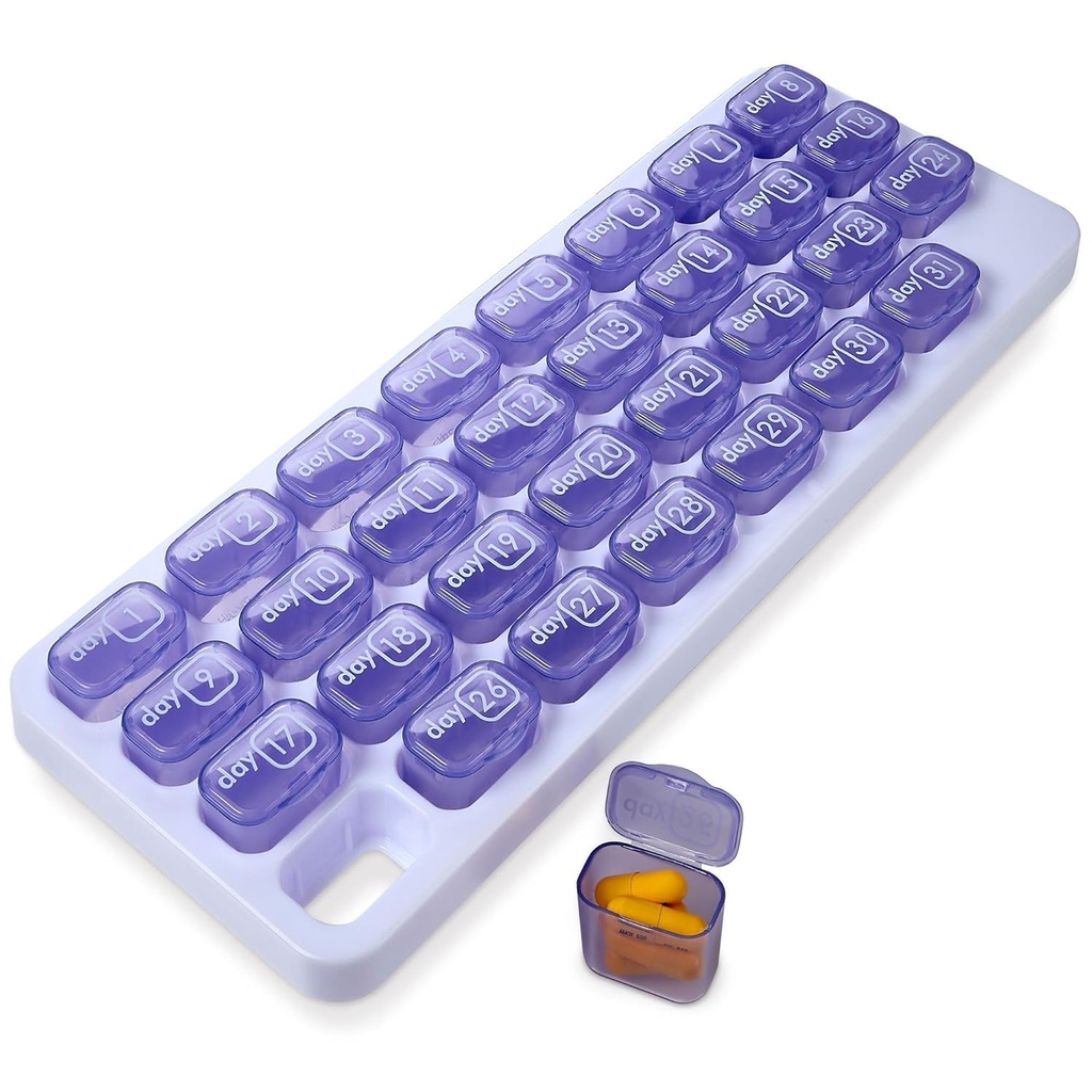 Organizador Mensual de Píldora - 31 Días Organizador de Píldoras con grandes Pods de Medicación Desmontable, Caja de Píldora Portátil y Titular de Medicina y Vitaminas diarias para Viajar, Purple