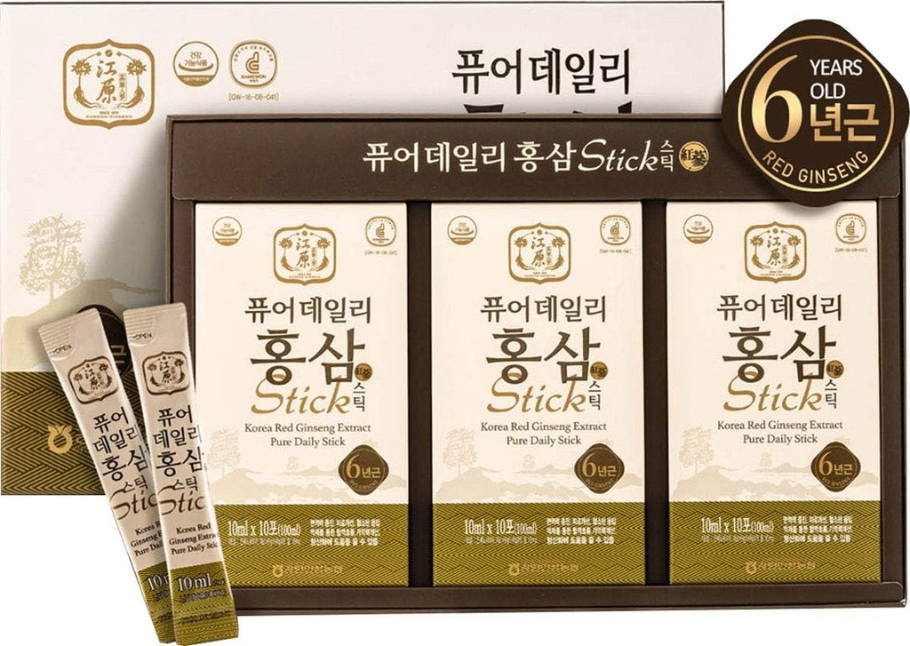 Gangwoninsam] Coreano Red Ginseng Extracto Pure Daily Stick 30 Contiene 6 años Coreano Red Ginseng Extracto, Korean Food, Individualmente Envasado, 0.35 fl. oz (10ml), 3 X 10-Count Box