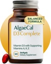 ALGAECAL 4-en-1 Vitamina D3 K2 Completa - ADK Suplemento de vitaminas, soporte de inmunológico mejorado " Bone Health with D3 K2, A, " E - Whole Body Wellness " Bone Strength, 60 Easy-Swallow Softgels, Made in USA