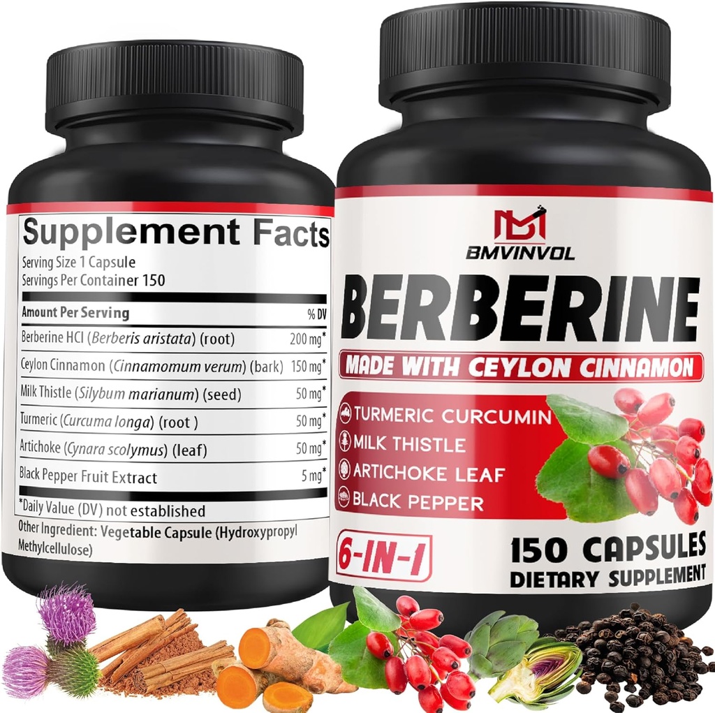 Berberine HCl, 150 cápsulas - Plus Ceilán Cinnamon, Turmérico, Leche Thistle, Artichoke, Black Pepper, Berberine HCI suplementos Pills - Immune System
