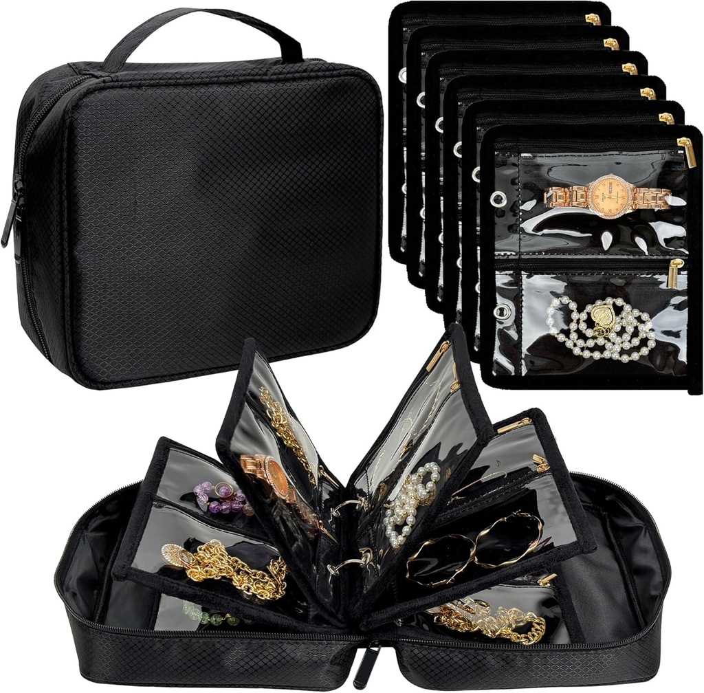 Caja de Organizador de Joyas de Viaje, Bolsas de Joyería para Viajar, Binder de Joyería con 24 Pcs Borrar Bolsillos de Velvet para Pendientes, Anillos, Collar, Pulsera, Reloj (Negro)