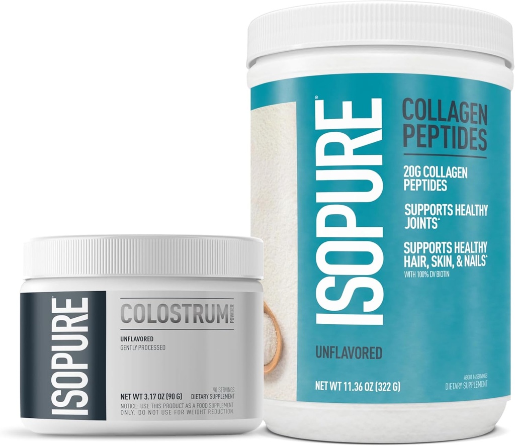 Agrupación de Isopure Bovine Colostrum Suplemento Polvo, Gently Procesado, 90 Serviciones + Isopure Collagen Peptides Polvo,14 Servimientos, Desarrollados, con vitamina C, con Biotina