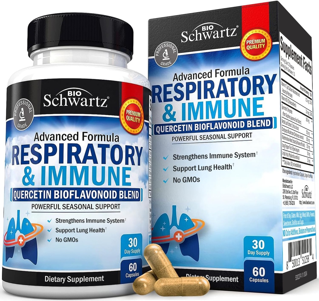 Respiratory &amp; Immune Lung Support Suplemento con Quercetina, Vitamina D & Cordyceps, ayuda a calmar los tejidos respiratorios mientras que la extracción de moco, vitaminas de salud pulmonar para hombres y mujeres, 60 cápsulas