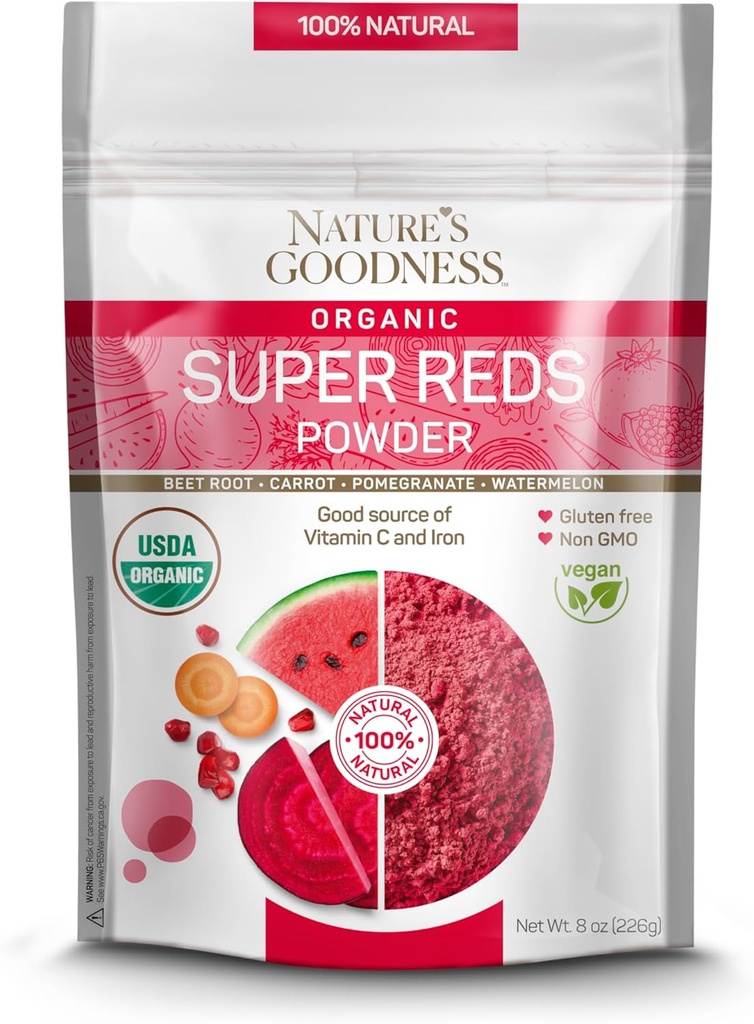 Bondad de la naturaleza Super Reds Polvo con Beet Root, Carrot, Pomegranate, y sandía - Antioxidante Rich Superfood for Energy, Heart Health, y Detox – 16 Servings (8 oz)