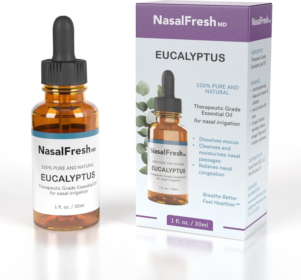 NASALFRESH MD - Eucalyptus Essential Oil - Nasal Irrigation - Congestion Relief - Nasal Wash Additive - High Grade Essential Oil - Cleanses & Moisturizes Nasal Passages - 1oz