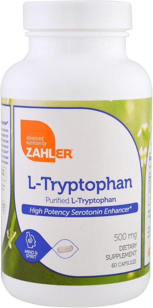 Zahler L-Tryptophan 500mg - Purified L Tryptophan Supplement - High-Potency Amino Amino Acid for Serotonin and Balanced Mood Support - Vegetarian-Friendly, Kosher, Non-GMO y Gluten Free (60 cápsulas)