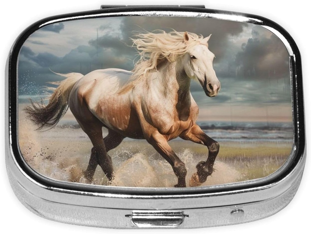 Horse Printed Square Pill Organizer with 2 Compartments, Portable Mini Pill Box Pill Case for Medicine, Vitamin, Fish Oil, Supplements