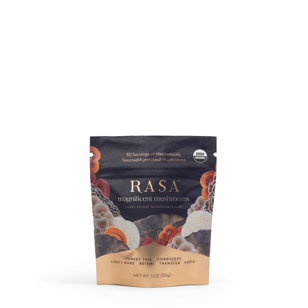 Rasa Magnificent Mushroom – Best Mushroom Blend Supplement TEN 100% Fruiting Bodies Silencio Orgánica Extra Potent Mushroom Extract Powder ANTE Vegan & Gluten-Free (1 oz / 30 Servings)